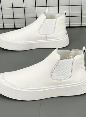 白色高帮鞋男皮鞋套脚板鞋真皮马丁靴一脚蹬懒人真皮小白鞋男增高