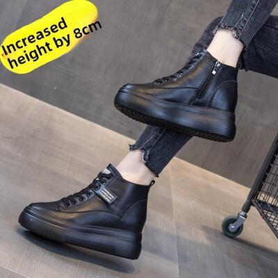 黑色牛皮高帮鞋女2025春秋加绒爆款内增高厚底增高休闲百搭运动鞋
