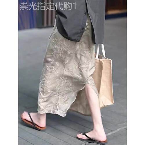 新中式国风提花半身裙女夏季高腰气质设计感开叉中长版a字包臀裙