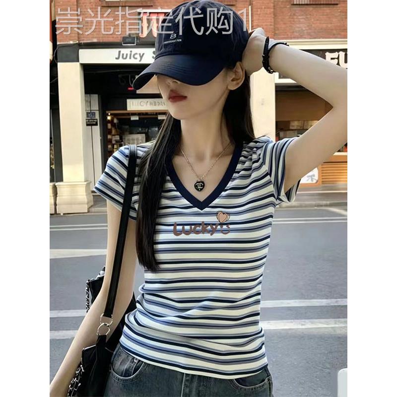 美式复古蓝白条纹V领短袖T恤女修身显瘦撞色正肩打底衫时尚上衣潮