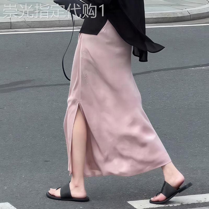粉色醋酸半身裙女夏季2026流行新款高腰开叉设计感优雅A字中长裙