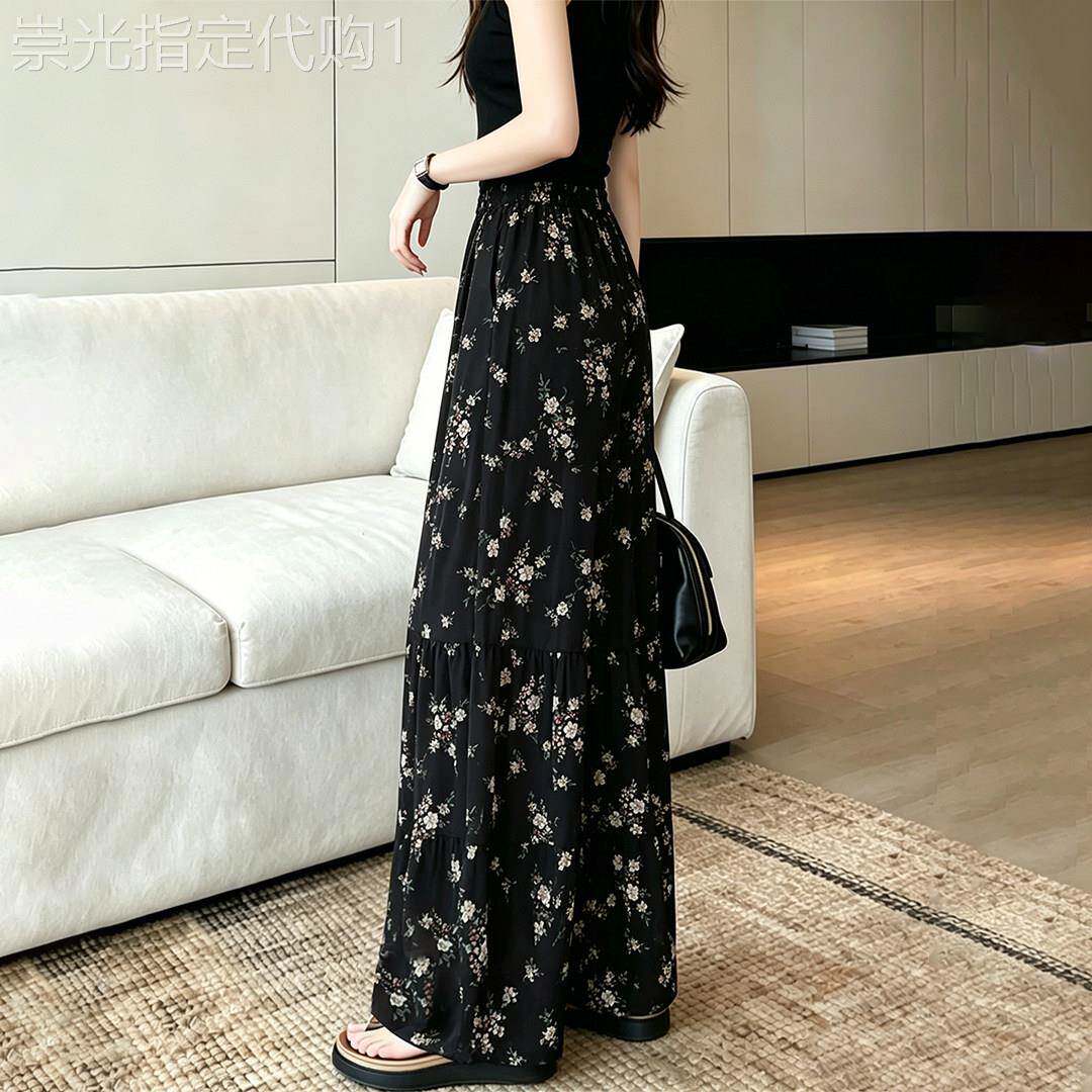 黑色碎花休闲阔腿裤子女2026夏新款薄款冰丝垂感巨好看的直筒长裤