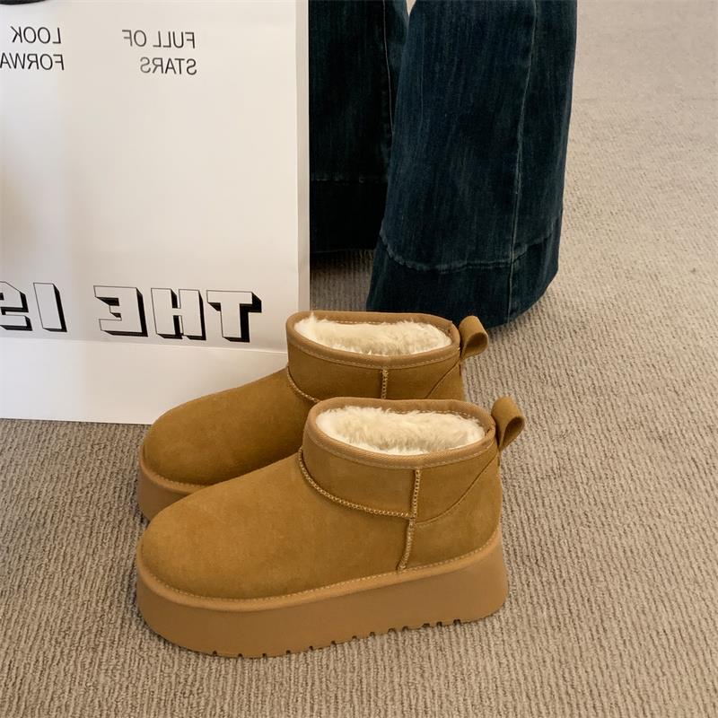 香港松糕厚底皮毛一体雪地靴女冬2025新款防水增高棉鞋加绒面包鞋