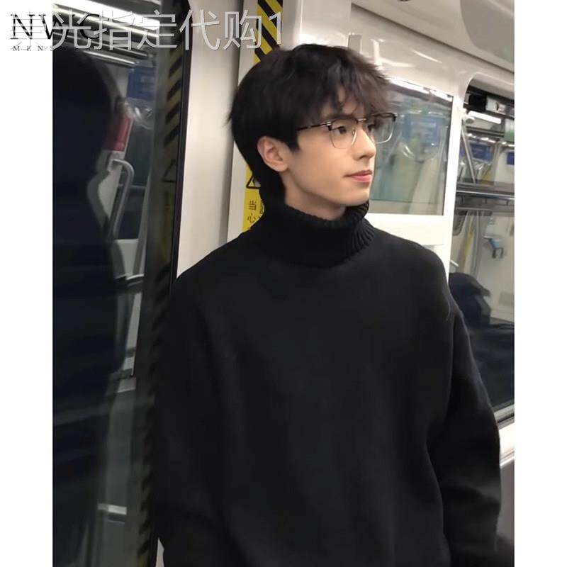 黑色高领毛衣男士潮牌秋冬季加绒加厚高级感慵懒风宽松打底针织衫