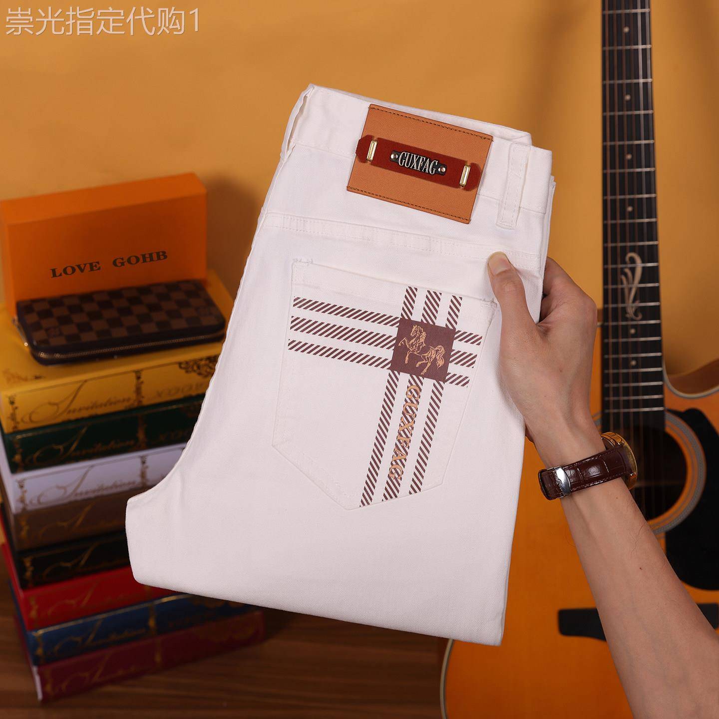 意大利高端白色牛仔裤男士夏季薄款修身小脚潮流印花纯棉休闲裤子