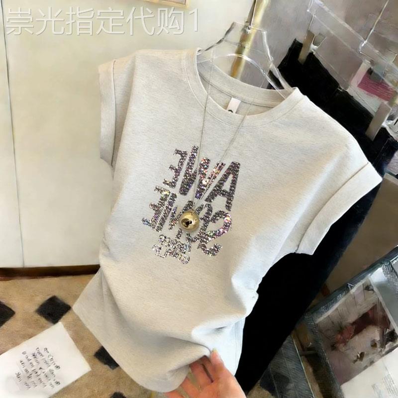 浅花灰色正肩短袖t恤女夏欧货打底衫设计感小众褶皱收腰显瘦上衣