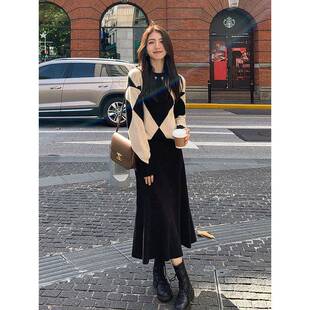 欧洲站秋冬新款小香风黑色套装裙高级感显瘦毛衣半身裙针织两件套