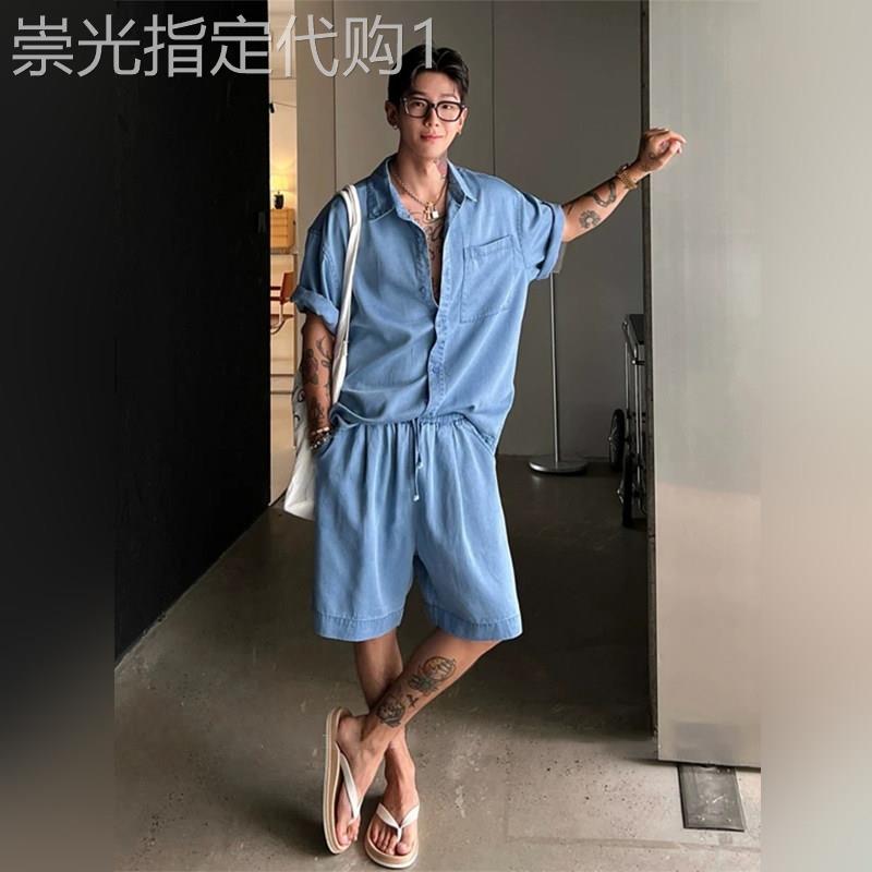 高端老钱休闲套装男士夏季薄款韩版短袖衬衫时尚短裤度假风两件套