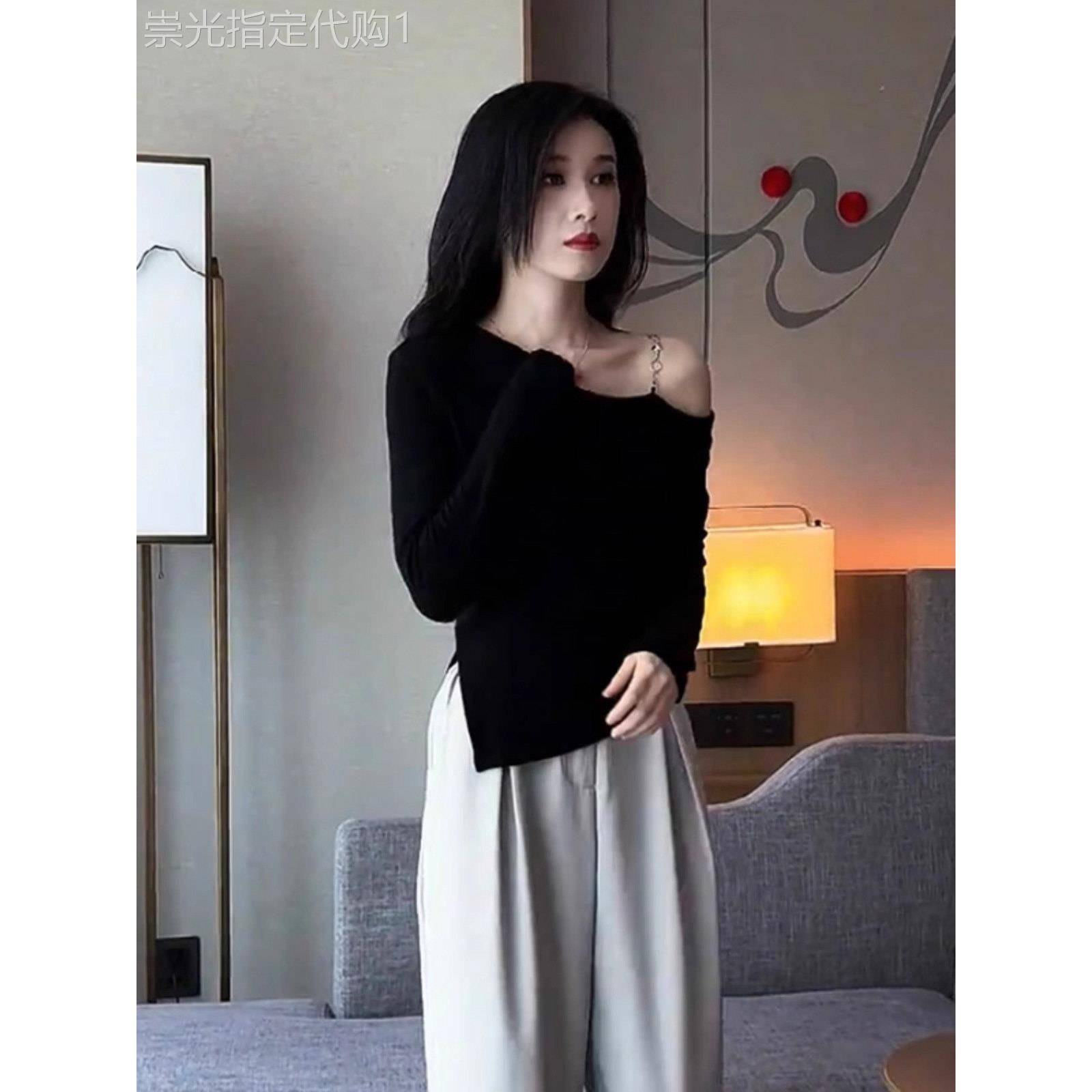 长袖t恤女春秋季2025新款修身显瘦设计感一字露肩斜肩打底衫上衣