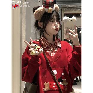 Next Moon英国联名韩系polo领假两件红色卫衣女秋冬加绒百搭设计