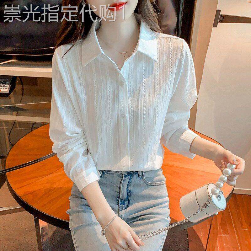香港白色条纹衬衫女时尚洋派小个子纯棉衬衫设计感小众长袖极简风