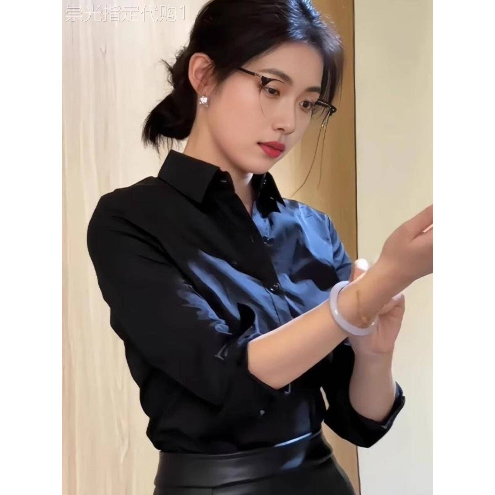黑色POLO领衬衫女2025秋季新款修身显瘦职业通勤叠穿长袖衬衣上衣