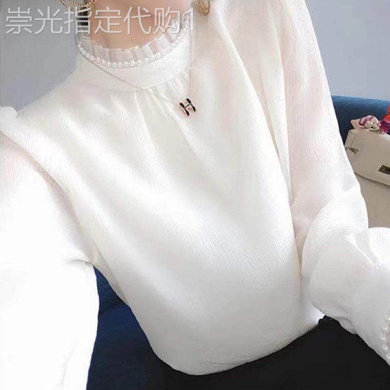 白色雪纺衬衫女长袖春秋2025年新款时尚洋气蕾丝打底衫木耳边上衣