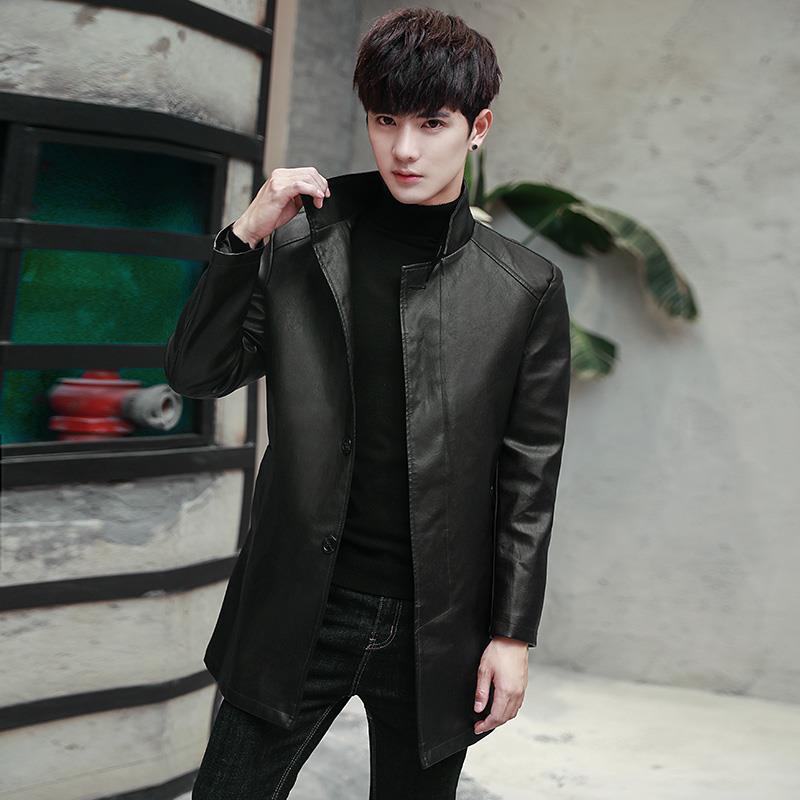 秋冬海宁皮衣男皮风衣中长款立领皮夹克修身帅气皮大衣青年外套潮