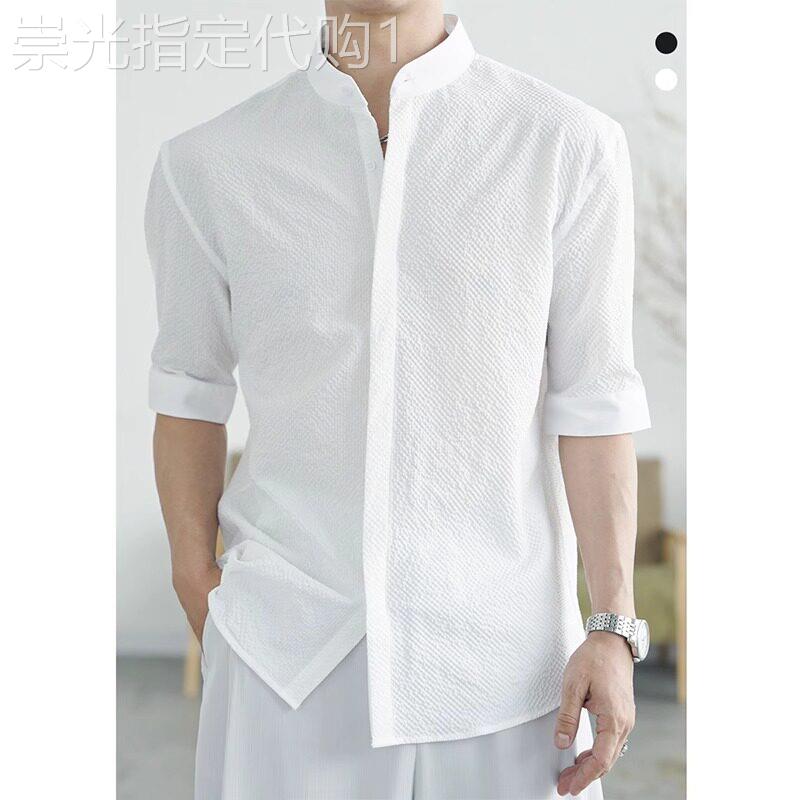 新中式时尚立领泡泡纱短袖衬衫男士高级感轻熟风冰丝透气半袖衬衣