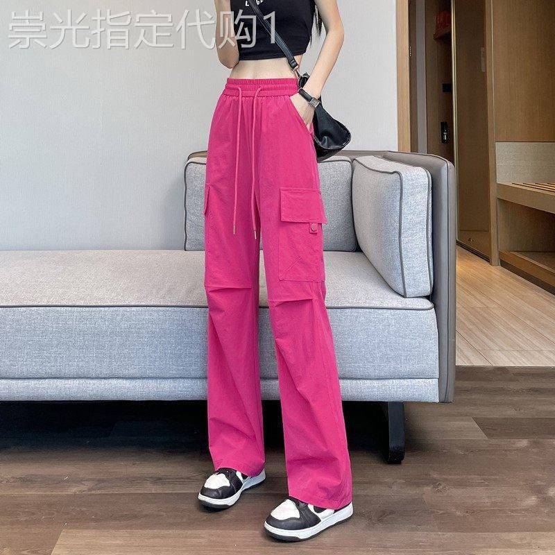工装冲锋裤女2026新款夏季玫红色薄款冰丝阔腿直筒休闲登山运动裤
