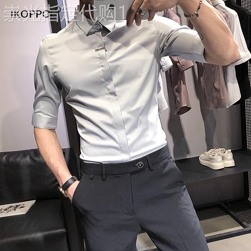 轻奢男士冰丝薄款休闲短袖衬衫2026夏季韩版修身高级感五分袖衬衣