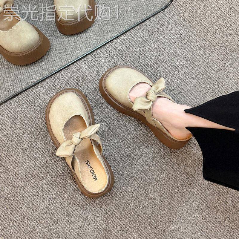 真皮厚底包头半拖鞋女夏外穿2026新款一脚蹬法式蝴蝶结玛丽珍凉拖