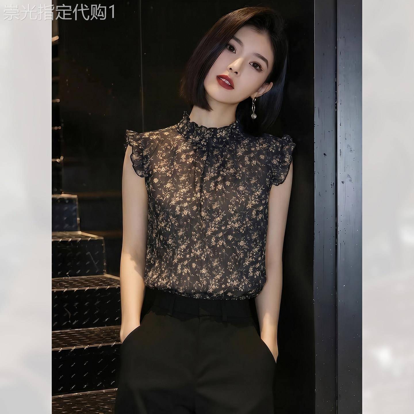 别致法式碎花复古显瘦衬衫女夏季2026年新款显瘦百搭无袖减龄上衣