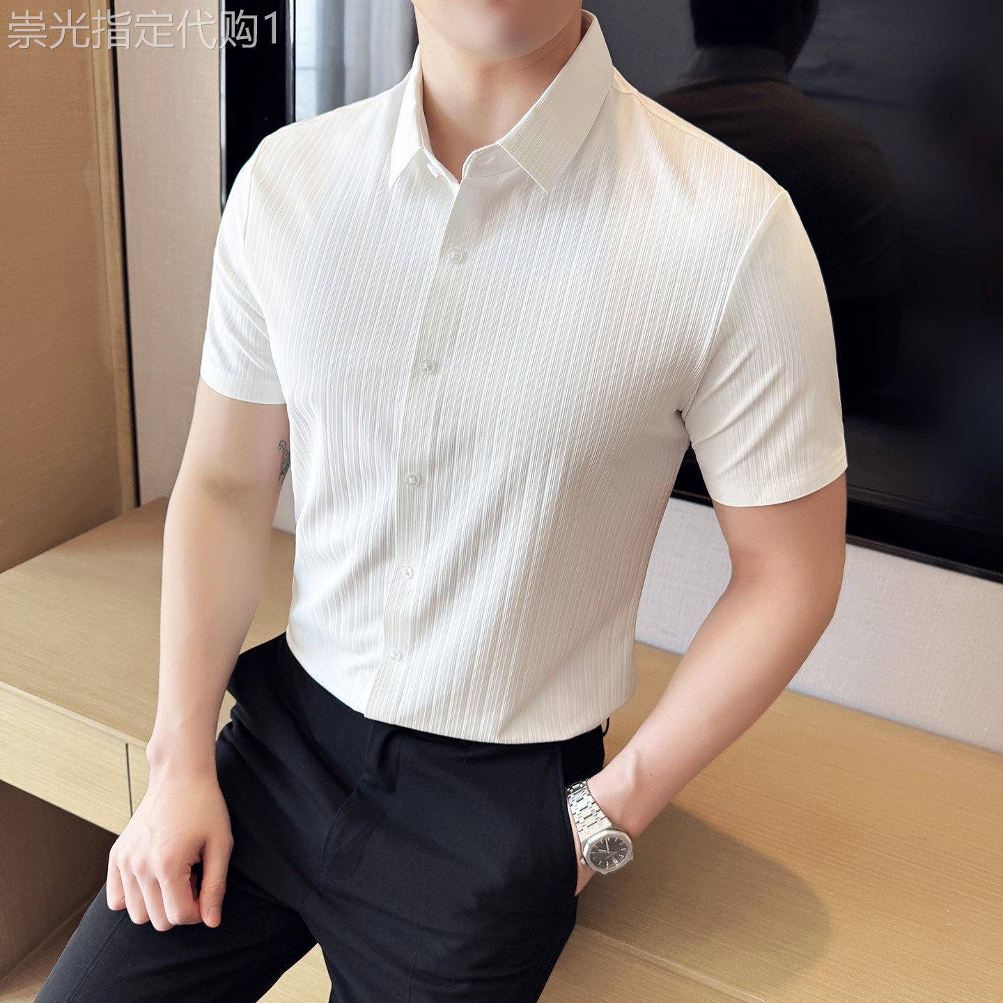 衬衫男士短袖2026新款夏季冰丝垂感抗皱正装商务白色条纹修身衬衫