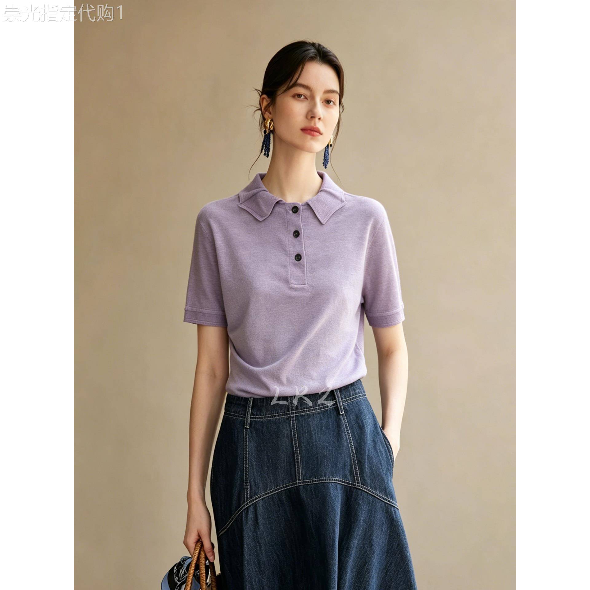 法式翻领半开襟紫色针织Polo衫女夏季新款时尚休闲风套头短袖上衣