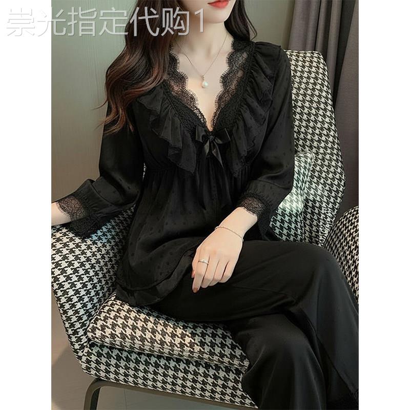 法式宫廷风带胸垫睡衣女春秋款黑色拼接蕾丝性感家居服长袖套装