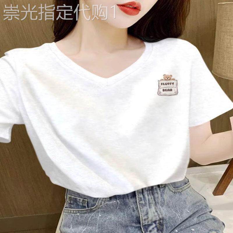 纯棉短袖t恤女夏季薄款2025新款韩版宽松显瘦白色V领半袖体恤上衣
