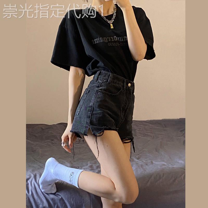 黑色毛边牛仔短裤女2025夏季新款大尺码胖MM宽松高腰A字阔腿热裤