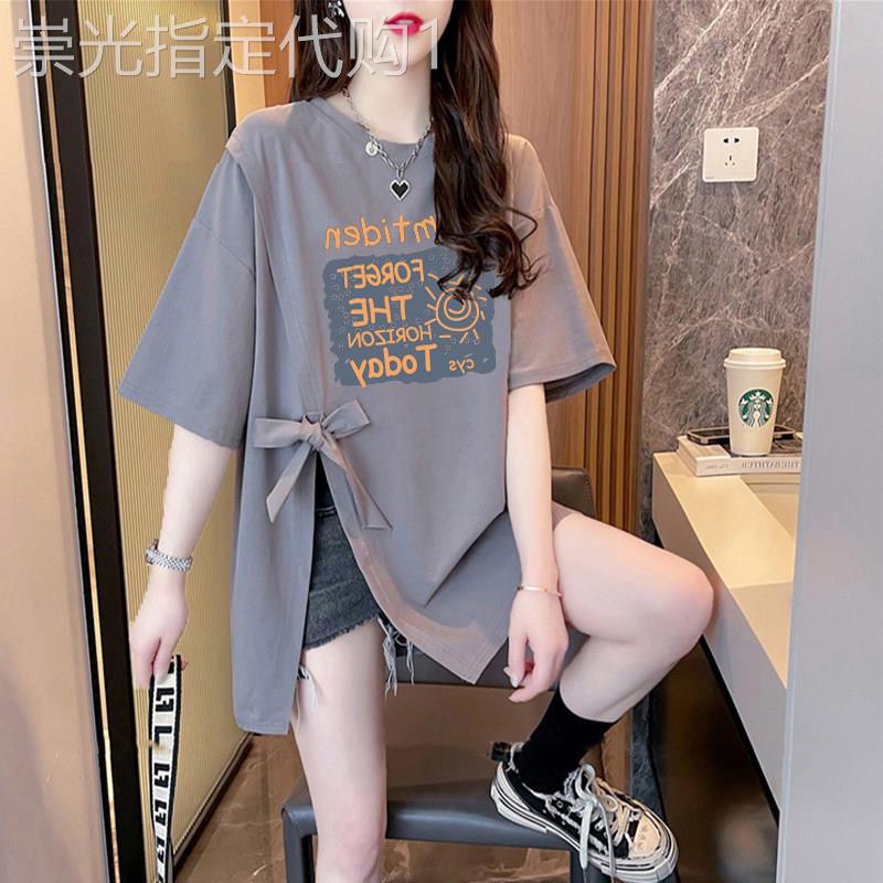 开叉短袖T恤女夏季设计感不规则印花宽松大码中长款半袖体恤上衣