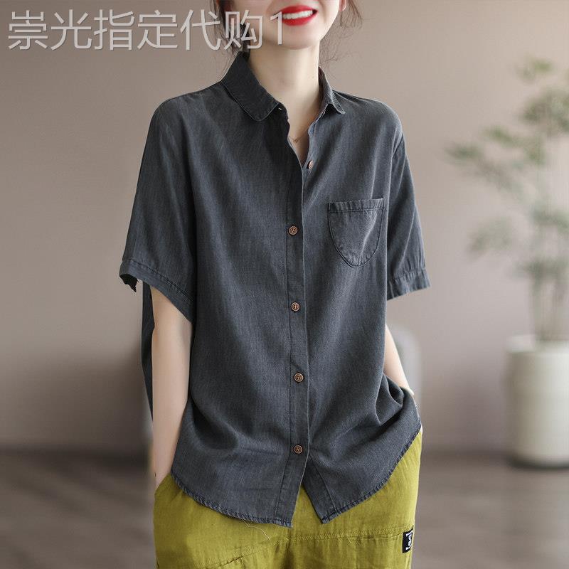 天丝牛仔衬衫女夏季短袖2026新款宽松显瘦气质百搭薄款休闲上衣潮