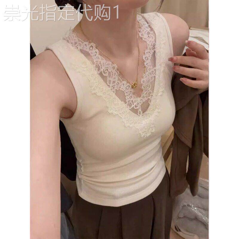 蕾丝V领白色磨毛吊带背心女西装内搭春季带胸垫修身美背打底上衣
