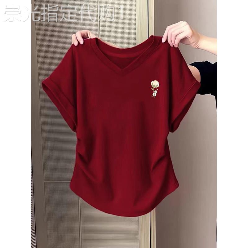 酒红色正肩V领短袖T恤女纯棉夏天设计感收腰显瘦弧形下摆短款上衣