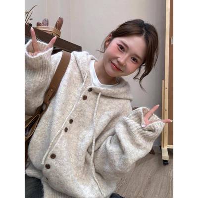 日系连帽针织开衫外套女秋冬加厚韩系穿搭宽松慵懒风软糯毛衣上衣