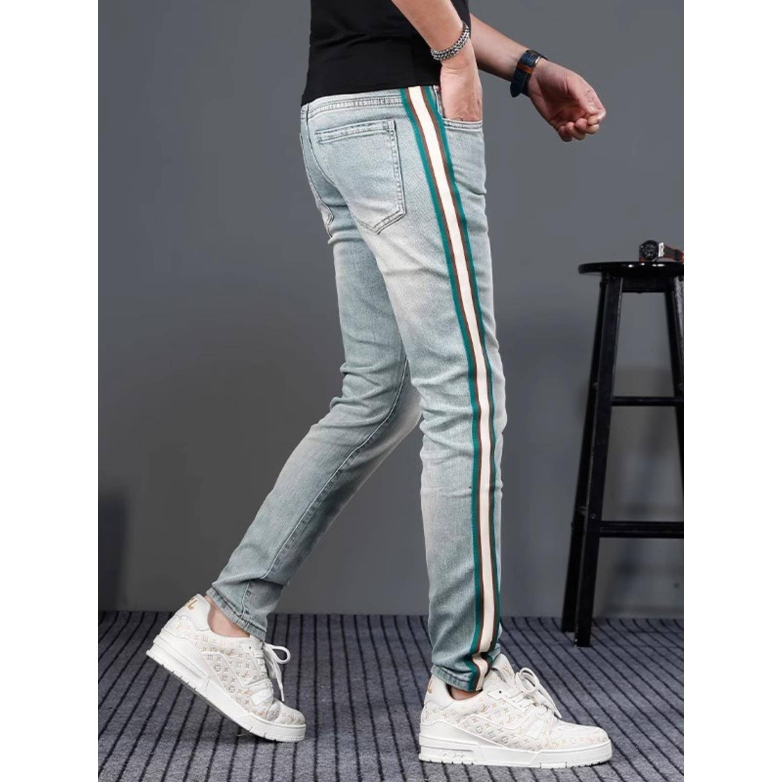 浅蓝色牛仔裤男款欧货进口高端春季新款修身时尚条纹弹力休闲长裤