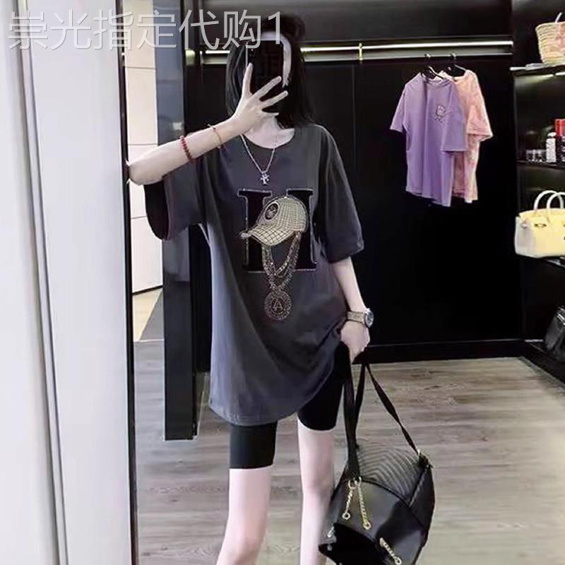 灰色短袖t恤女宽松中长款遮屁股显瘦打底衫夏季欧货大版洋气上衣