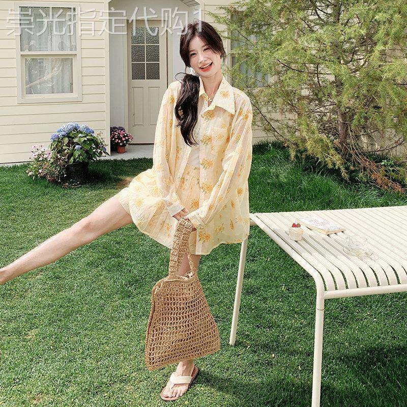 黄色韩系重工刺绣防晒衬衫套装女2026夏季薄款休闲阔腿短裤两件套