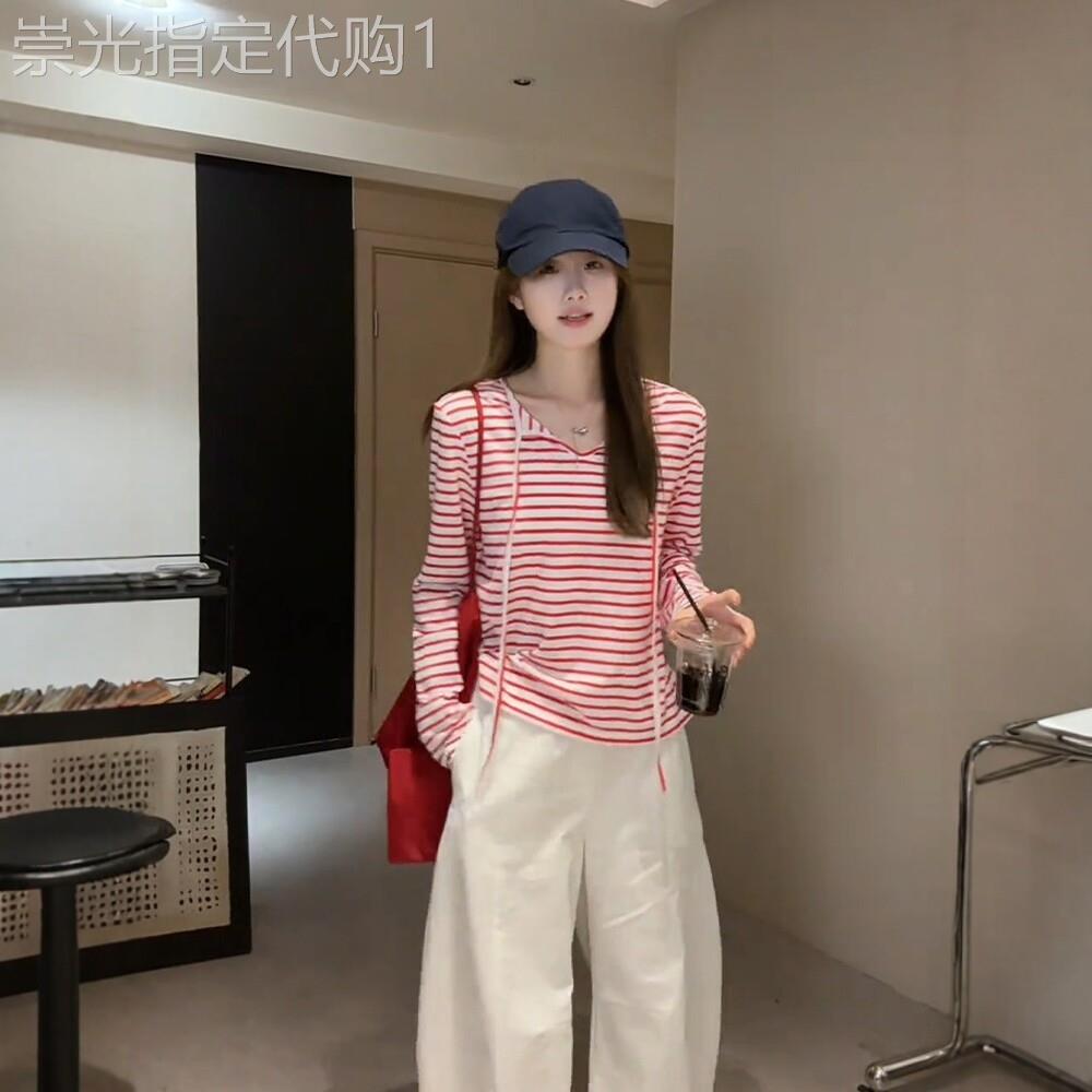 日系条纹系带v领长袖t恤女春秋洋气减龄外搭防晒罩衫独特漂亮上衣