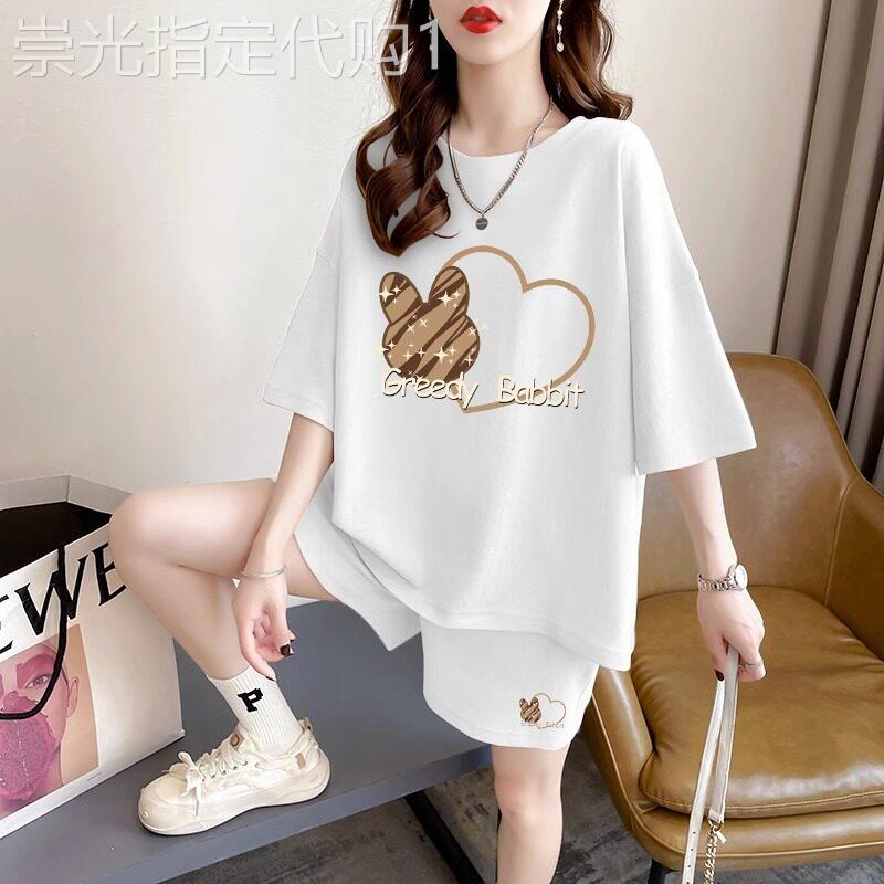 潮牌纯棉短袖短裤套装女慵懒风夏季新款宽松大码休闲运动服两件套