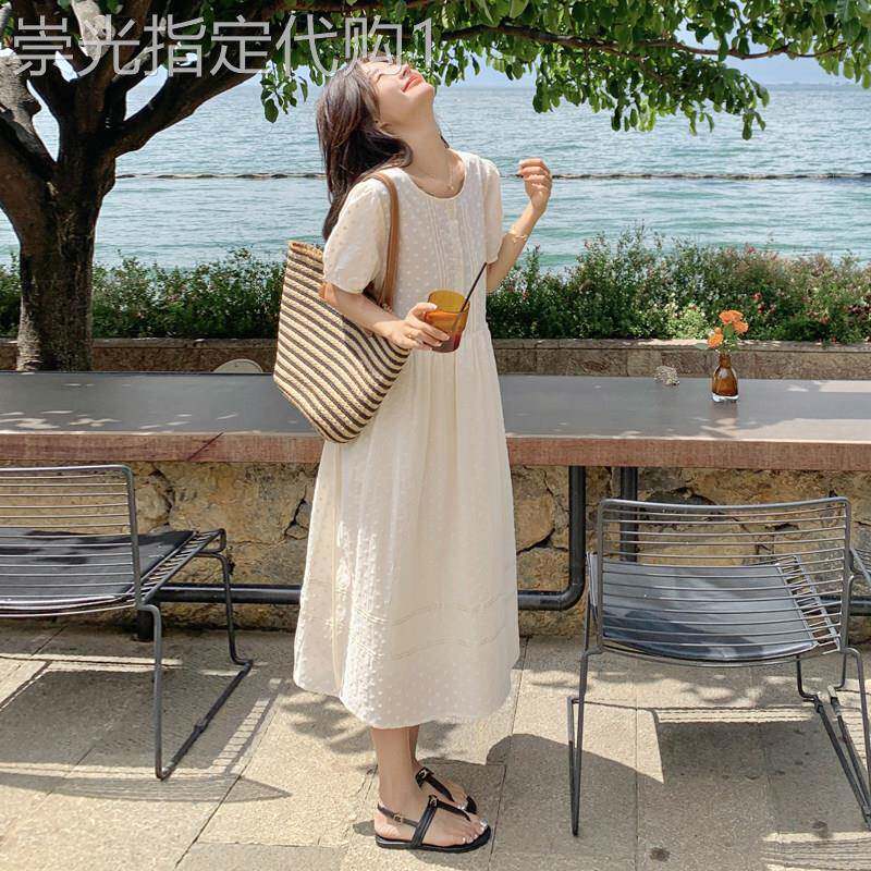 法式刺绣白色连衣裙女夏季2026新款甜美泡泡袖显瘦初恋桔梗长裙