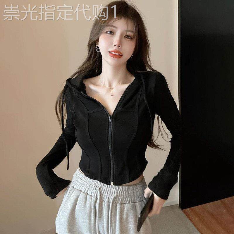潮牌2025春秋季新款女装连帽针织开衫黑色短款防晒衣薄款外套上衣