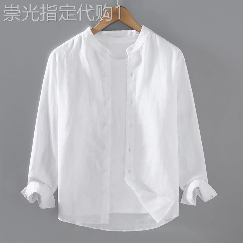 春夏季无领纯亚麻料长袖衬衫男装全麻布上衣服圆领棉麻衬衣外套薄