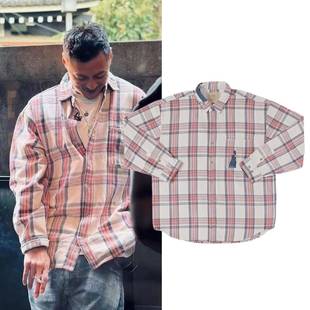 MADNESS 23AW余文乐同款重磅拼接牛仔水洗破坏粉色格子长袖衬衫男