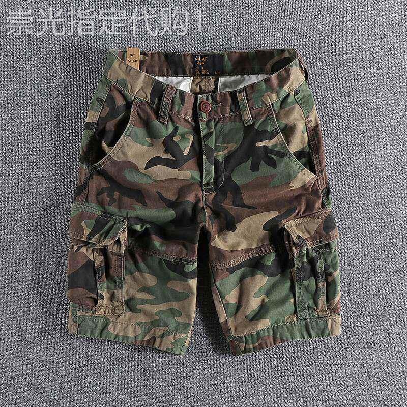 代购夏季美式多口袋迷彩工装短裤男潮牌复古休闲五分裤宽松梭织裤