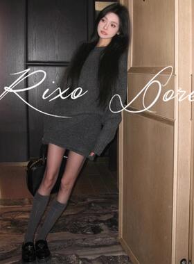 RIXO DORE法式高级慵懒风毛衣套装女灰色显瘦宽松针织衫高腰半裙