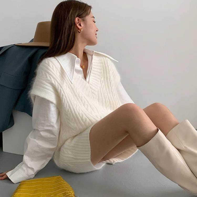 日系奶fufu白色V领下半身失踪针织马甲女秋冬麻花中长毛衣背心裙