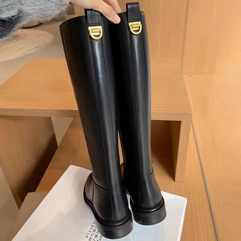 香港真皮加绒不过膝长靴女秋冬侧拉链低跟高长筒骑士靴厚底机车靴