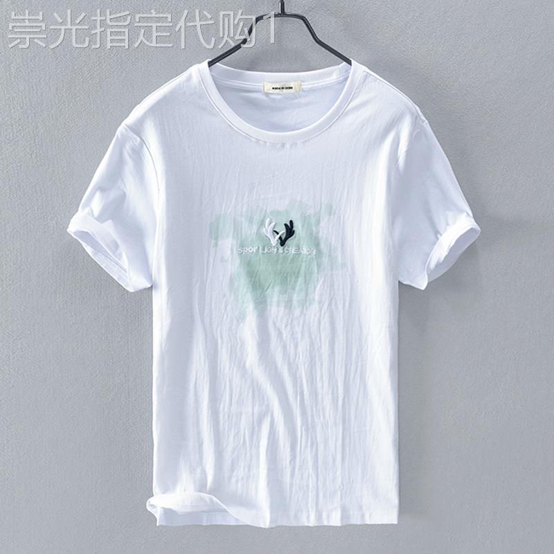 香港亚麻短袖T恤男士圆领套头潮t休闲宽松棉麻布体恤衫透气印花潮