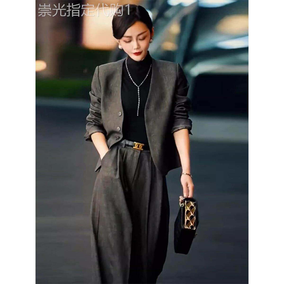 时尚套装女夏季2025新款小香风西装外套阔腿裤高端盐系轻熟两件套