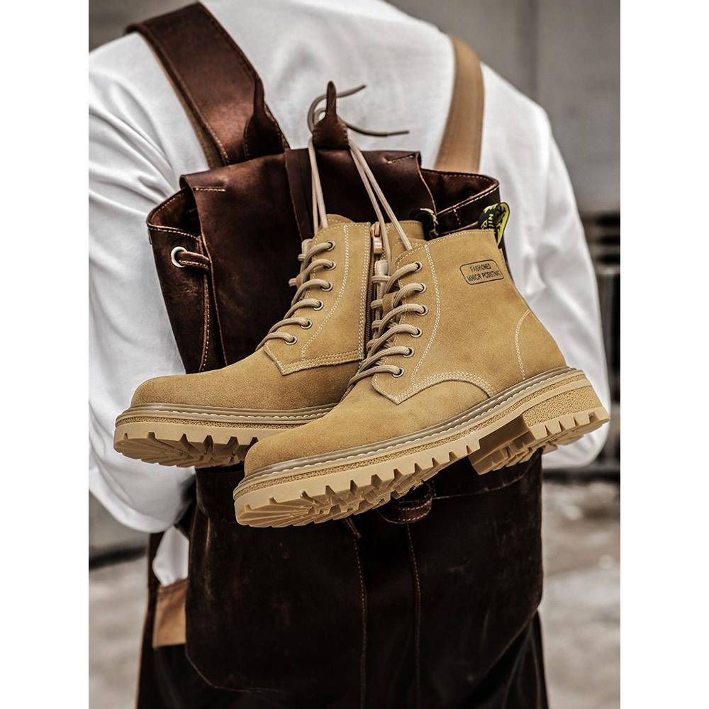 侧拉炼高帮马丁靴男鞋2025新款秋季加绒牛皮英伦风工装防滑大黄靴