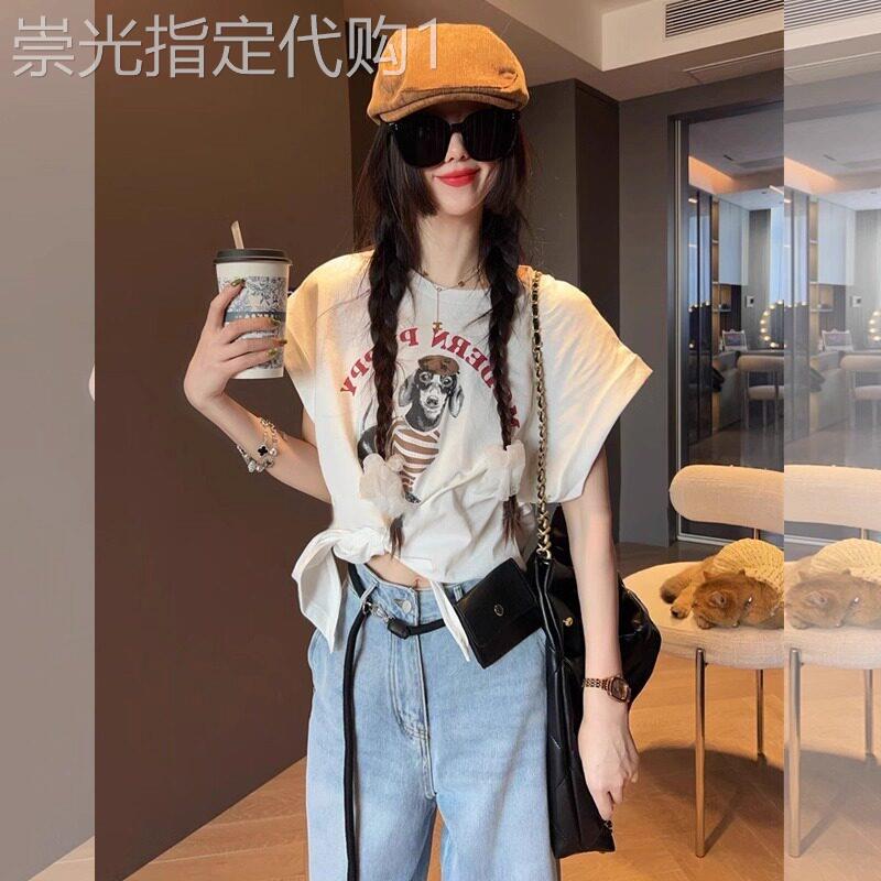 白色短袖T恤女夏季美式街头风潮流不规则印花绑带宽松短款上衣女